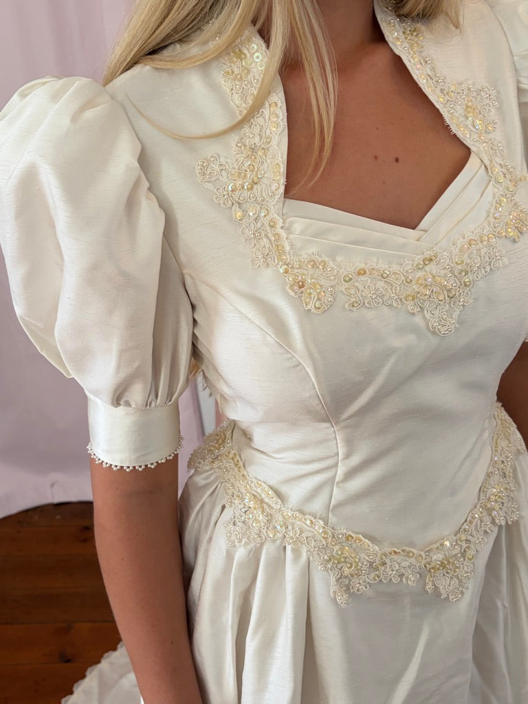 Vintage 90s cream raw silk dramatic princess wedding dress with train