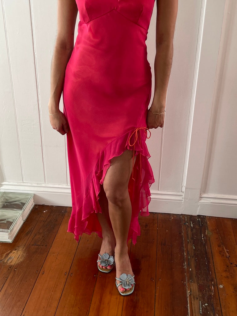 Vintage 90s pink orange high low backless dress