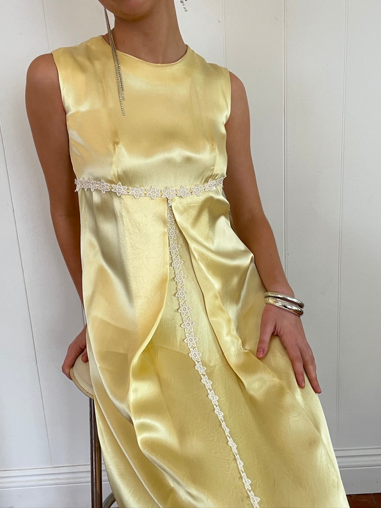 Vintage 60s butter yellow satin midi dress with lace trim