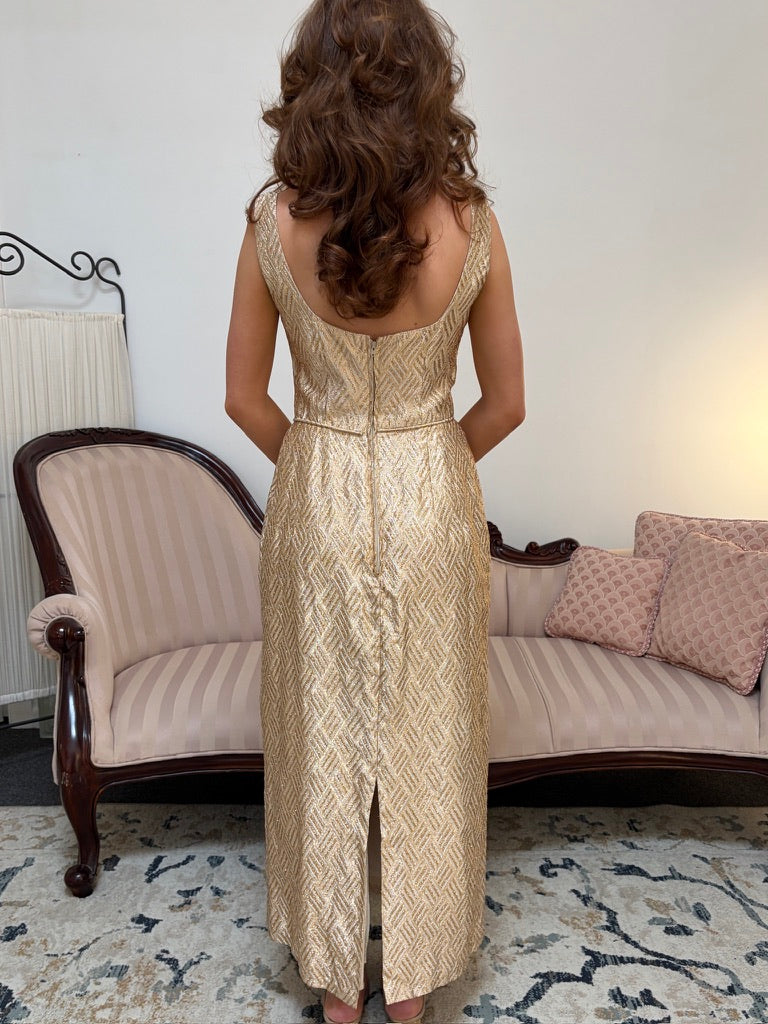Vintage 60s gold sheath dress with matching bow jacket
