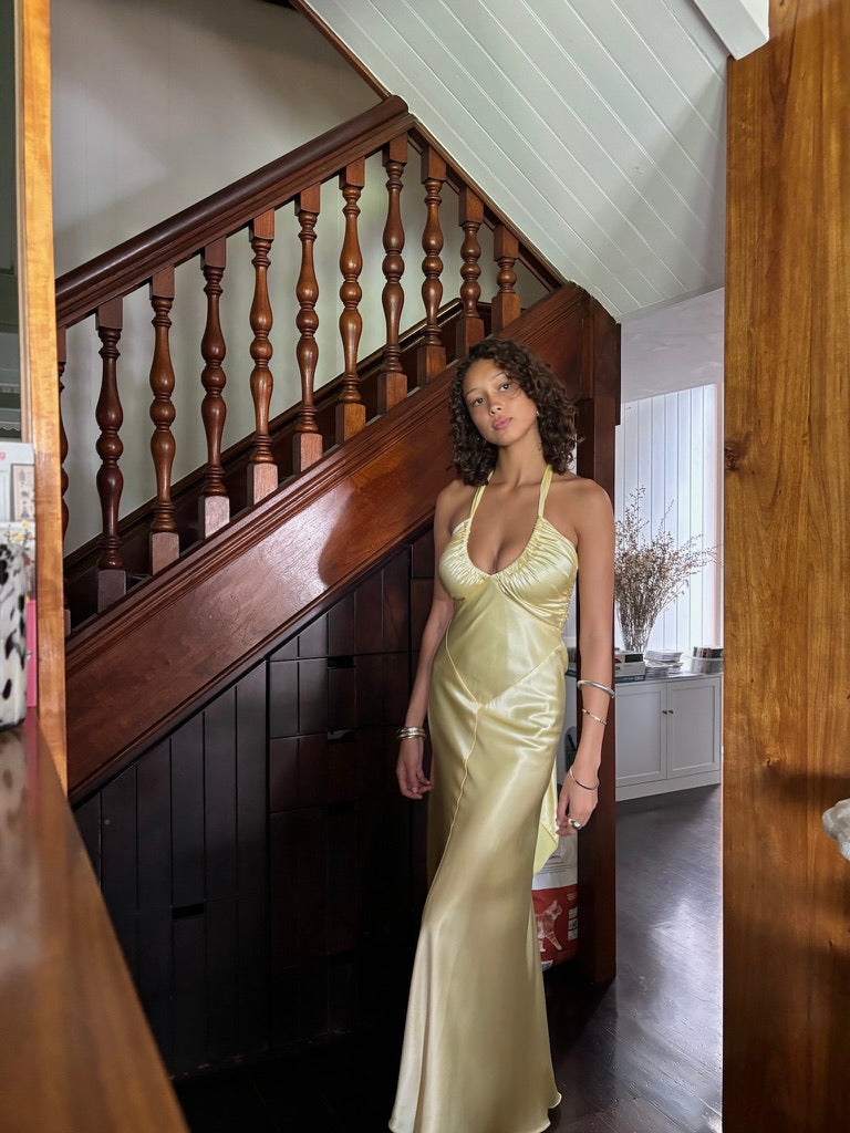 Vintage 90s lemon yellow satin halter neck evening dress