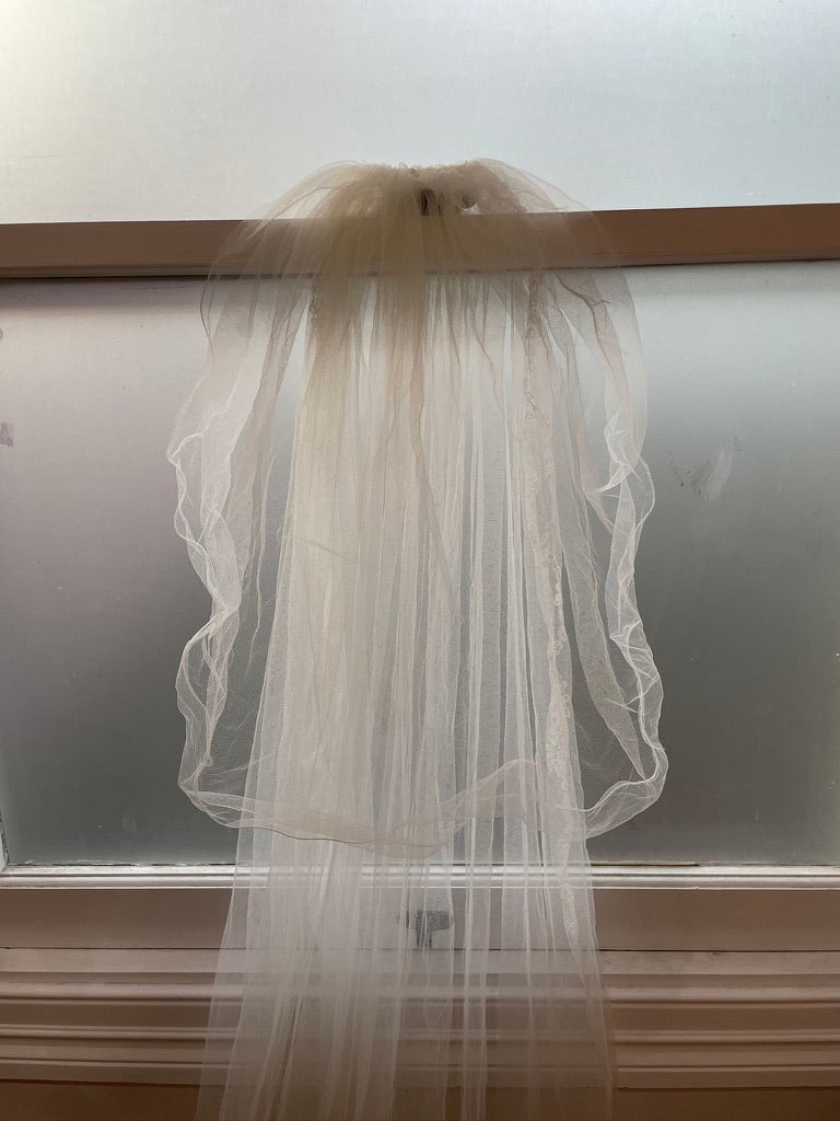 Vintage 70s embroidered chapel veil with blusher ivory