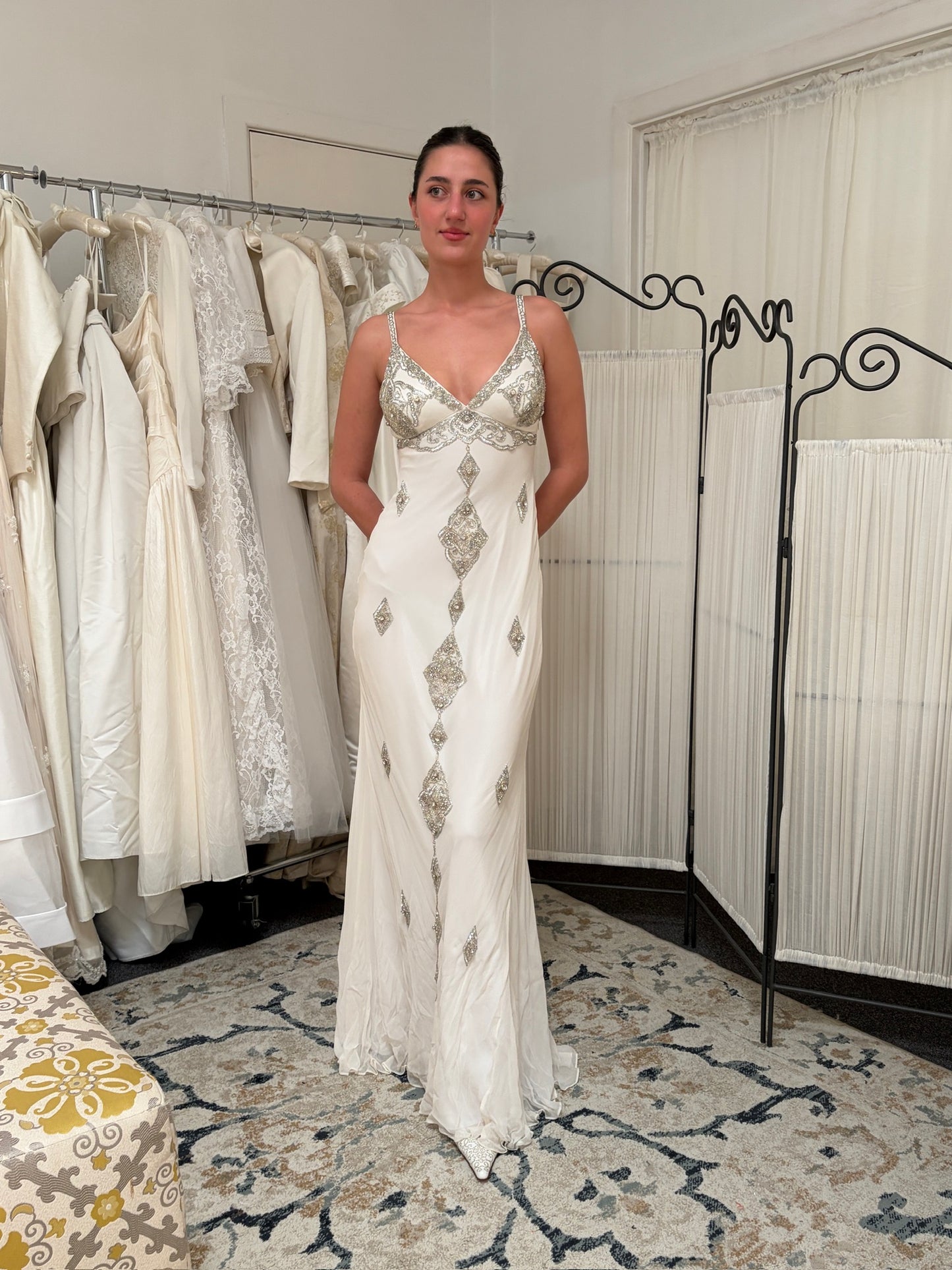 Vintage 00s Ruth Tarvydas ivory silk embellished wedding dress