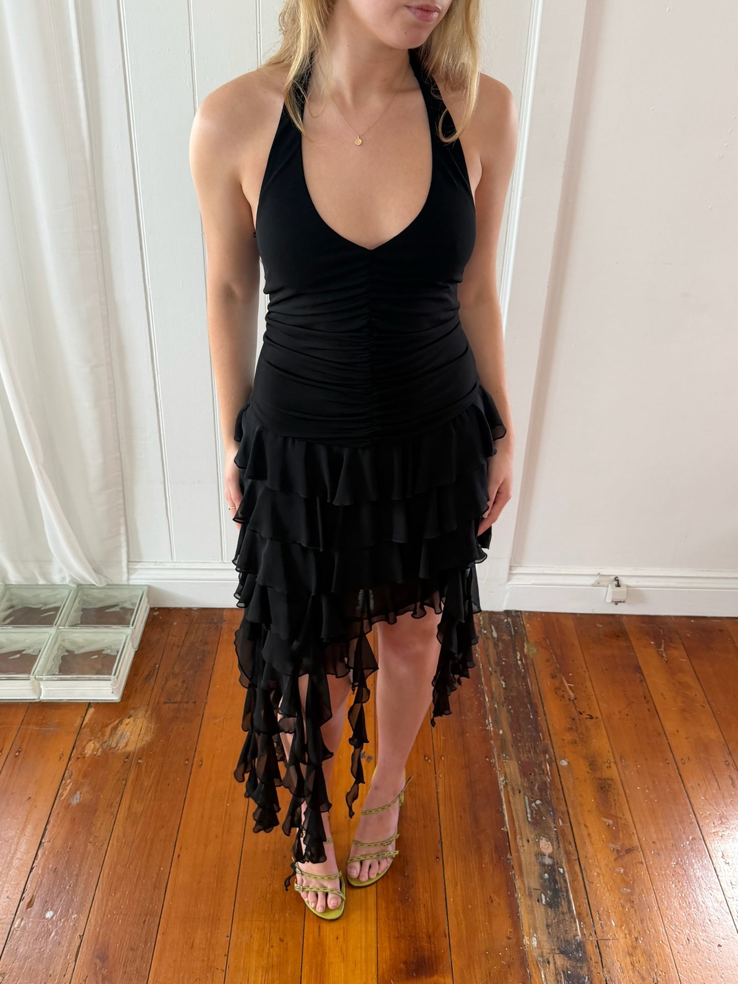 Vintage 90s black asymmetrical halter neck jellyfish dress