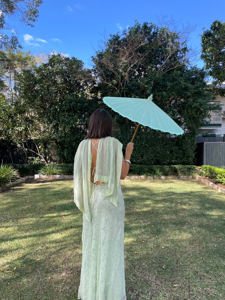 Vintage 90s pistachio green silk beaded open back evening dress