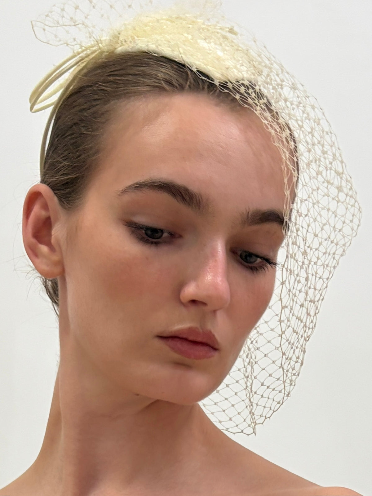 Vintage 80s cream satin bridal hat with birdcage veil