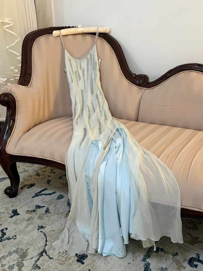 Vintage 00s ice blue silk beaded slip with slashed hem