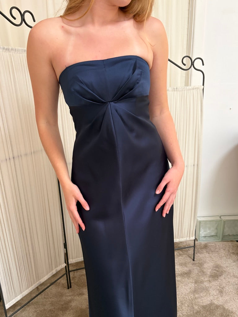 Vintage 90s Shelli Segal navy blue strapless evening dress