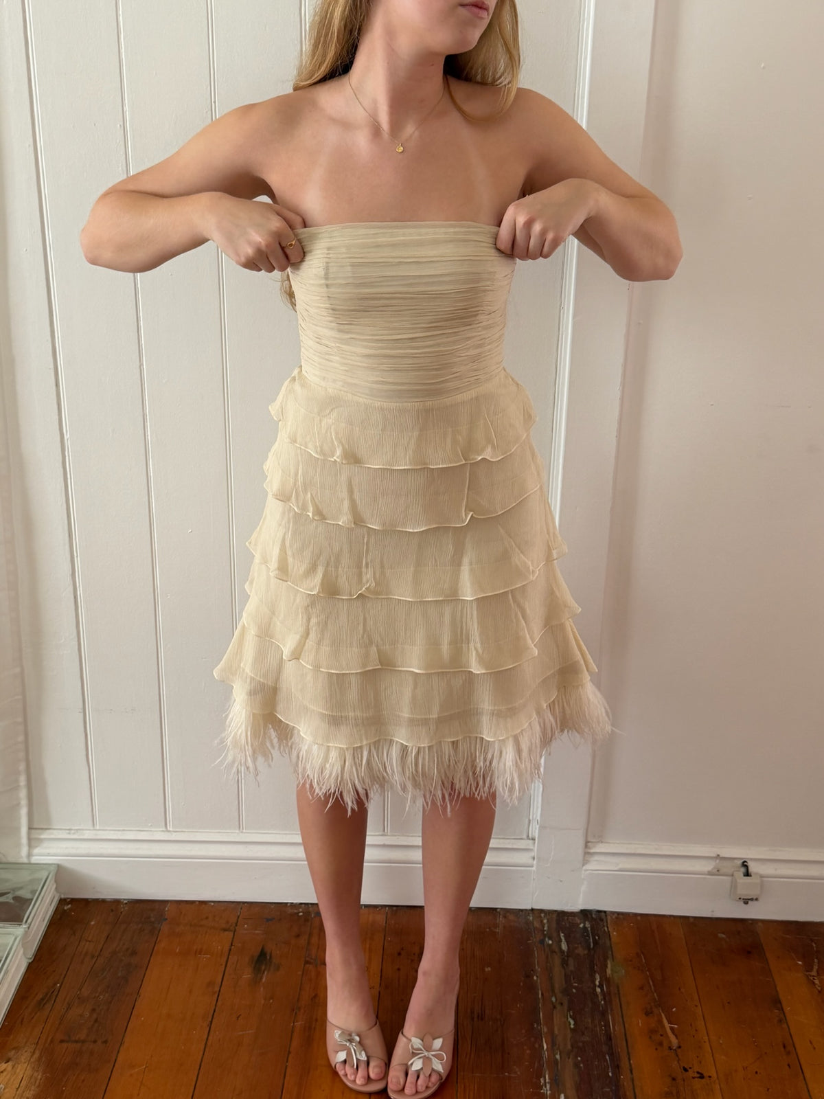 Vintage Y2K silk tiered midi dress with ostrich feather trim