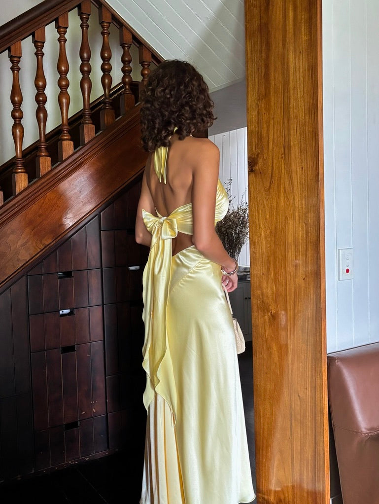 Vintage 90s lemon yellow satin halter neck evening dress