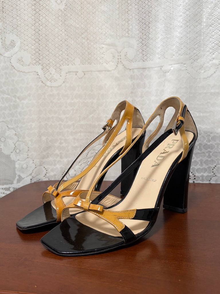 Vintage Prada patent leather strappy heels with bow