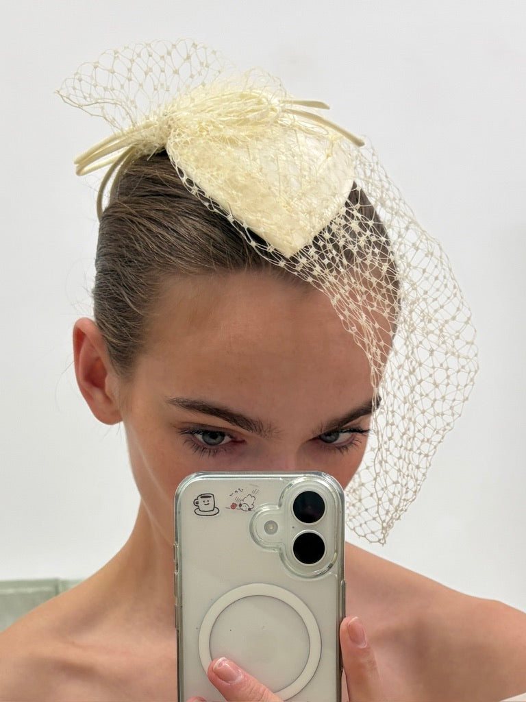 Vintage 80s cream satin bridal hat with birdcage veil