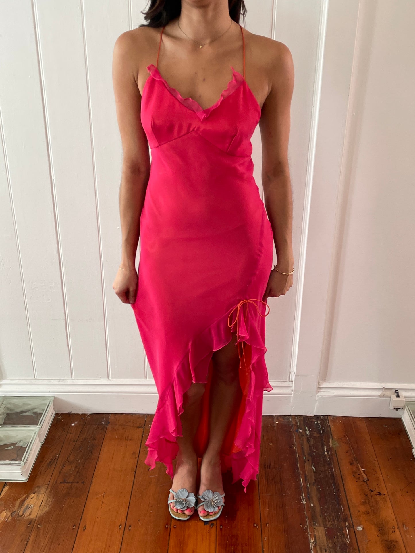 Vintage 90s pink orange high low backless dress