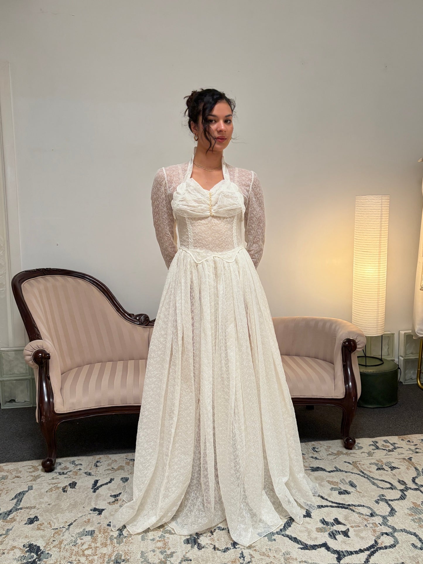 Vintage 60s long sleeve semi sheer lace high neck wedding gown