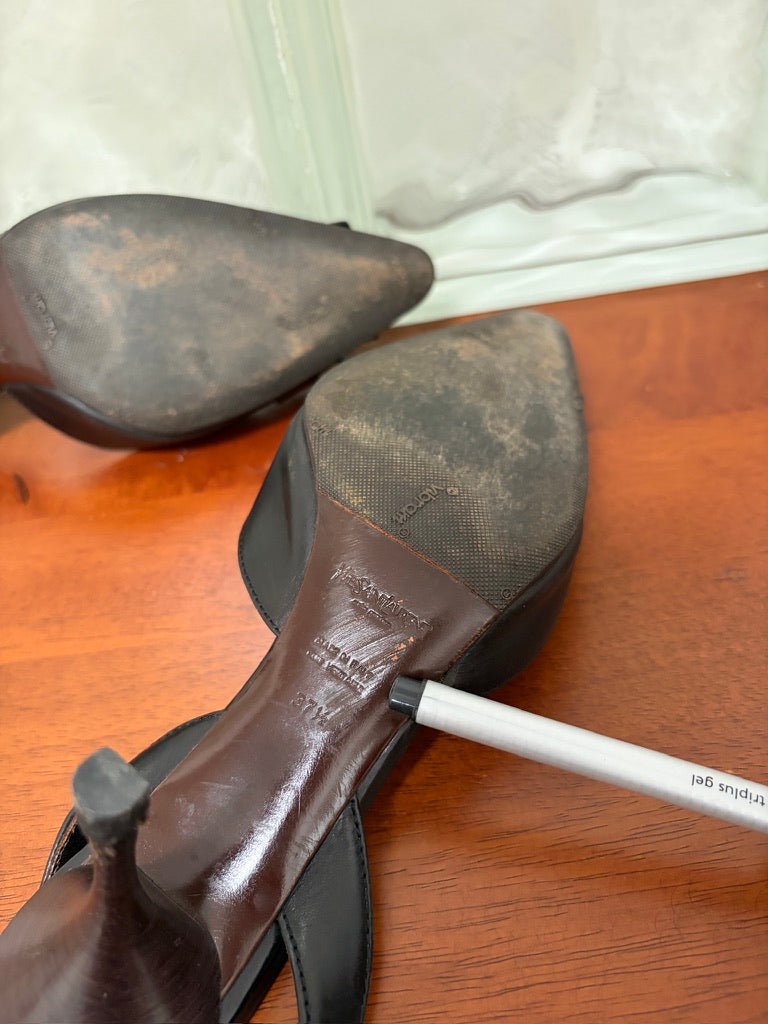 Vintage Yves Saint Laurent black leather pointed toe slingback kitten heels