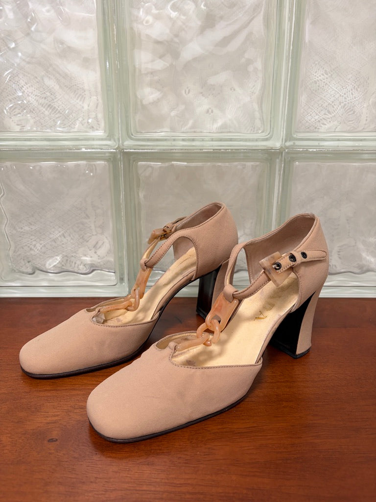 Vintage Prada beige nylon closed toe t-strap heels
