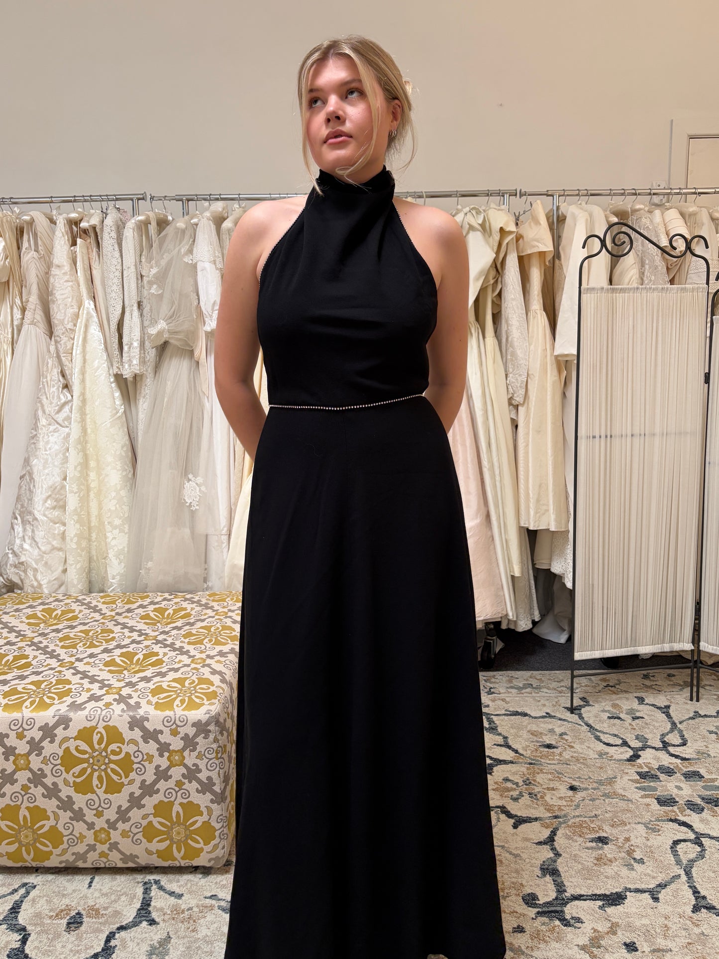 Vintage 70s Joan Leslie black open back halter gown with diamante trim