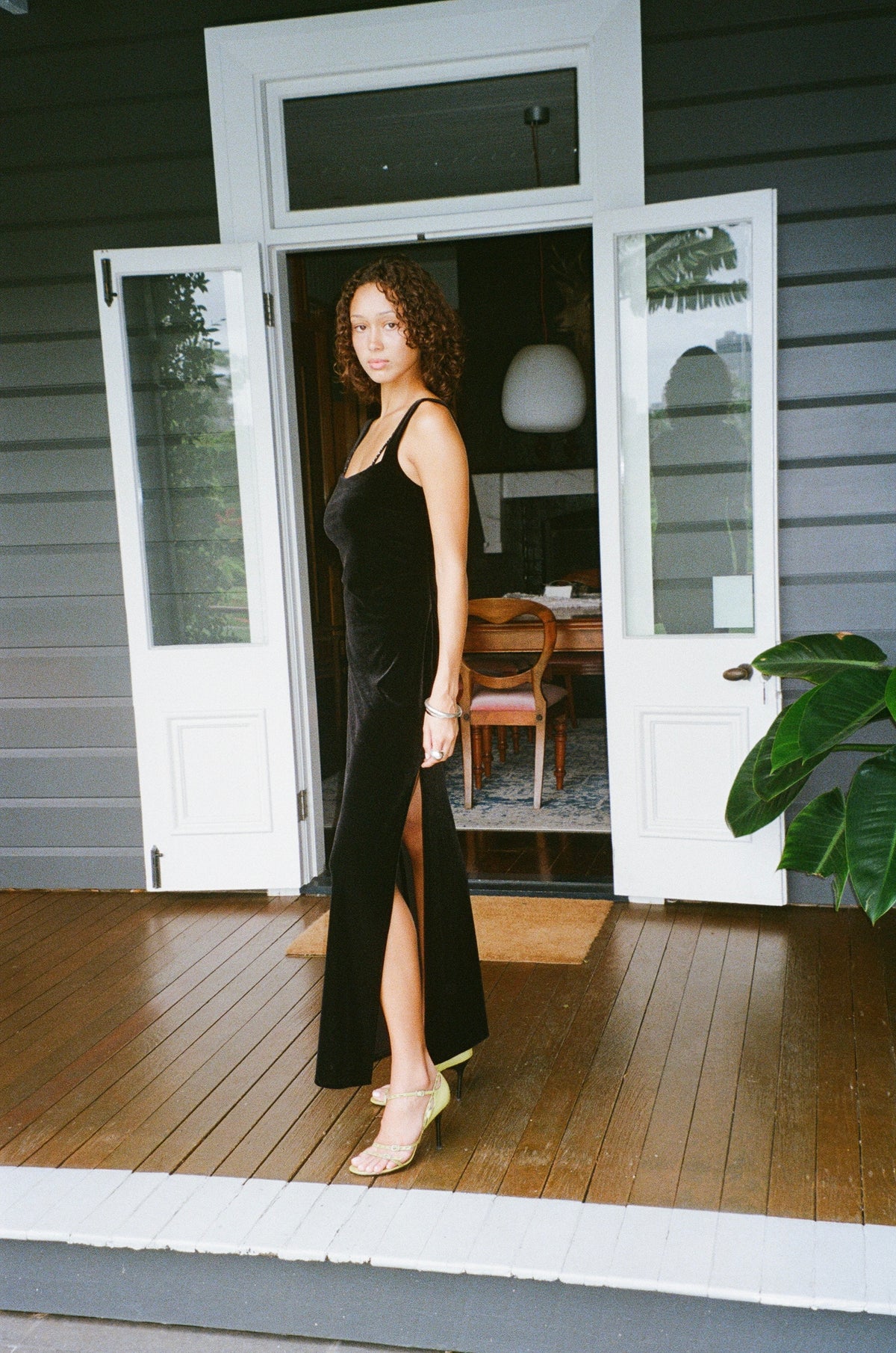 Vintage 90s black velvet maxi with open back and beaded details