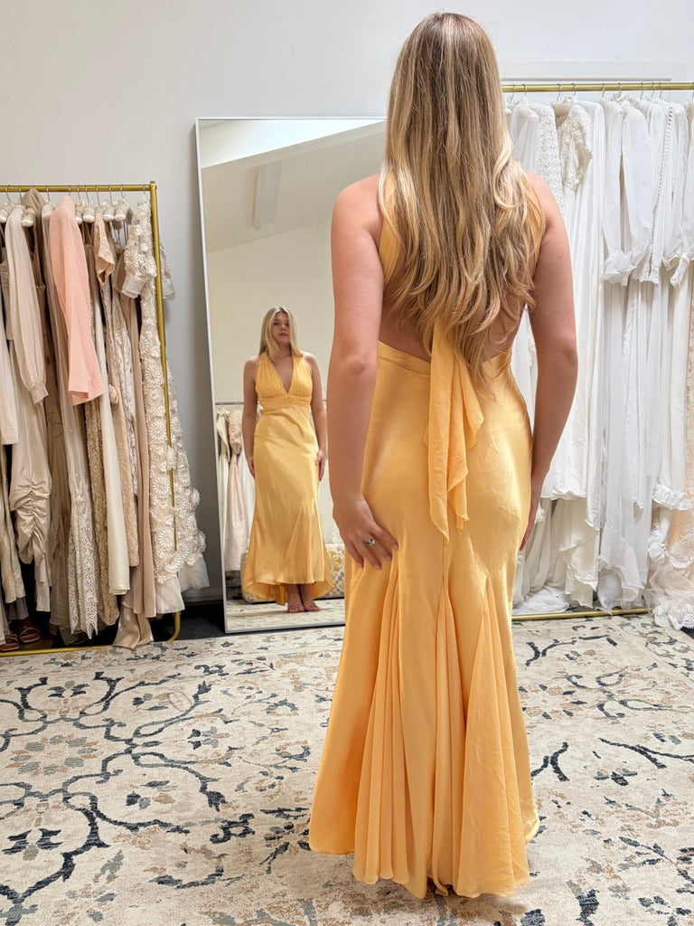 Vintage 00s yellow plunge neck satin open back evening gown with chiffon trim