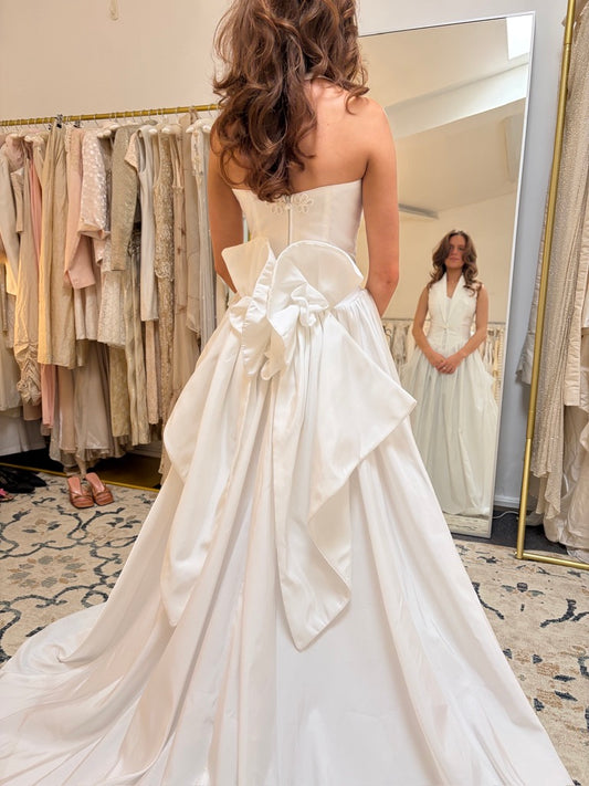 Vintage 90s taffeta basque waist halter wedding gown with train