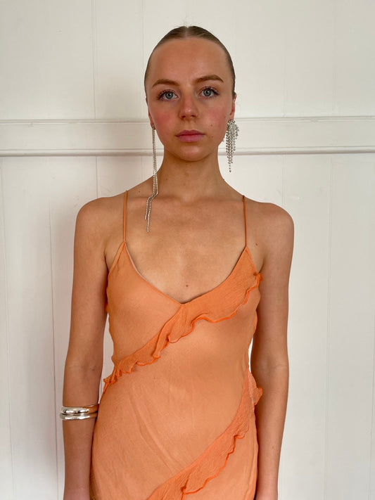 Vintage y2k pastel orange silk bias cut midi dress
