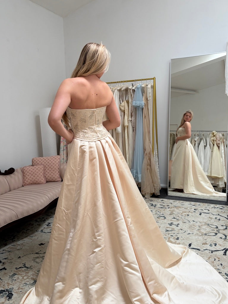 Vintage 00s Pronuptia champagne strapless wedding dress with detachable train