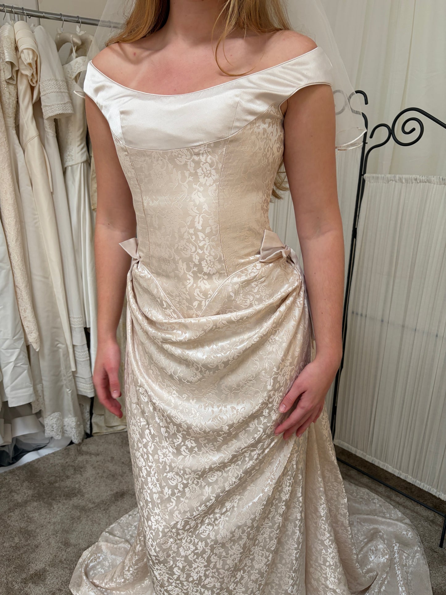 Vintage 90s ballerina pink basque waist wedding gown with bows