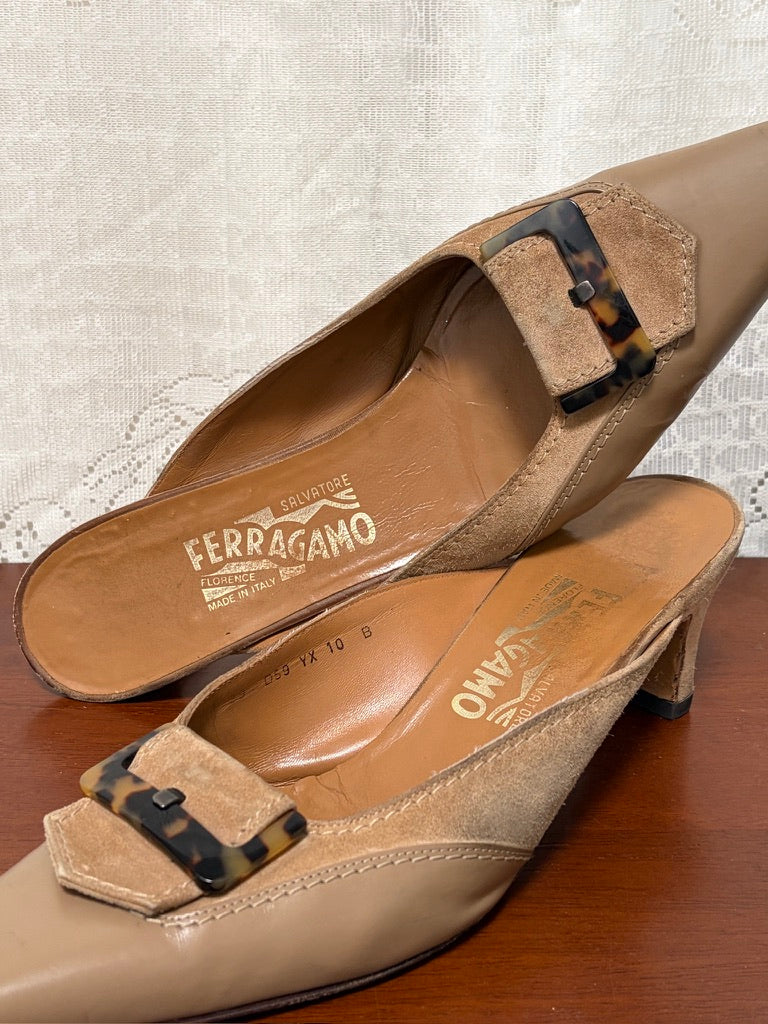 Vintage Salvatore Ferragamo suede buckle pointed toe kitten heels