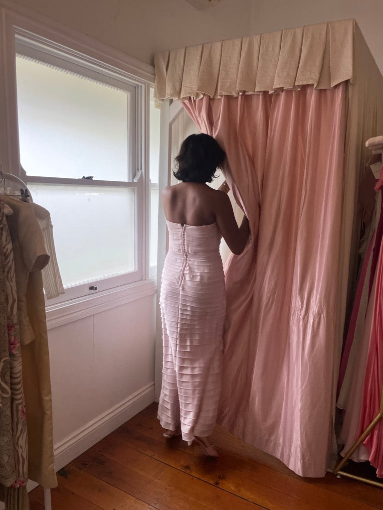 Vintage 90s Tadashi Shoji baby pink cascading pleated dress