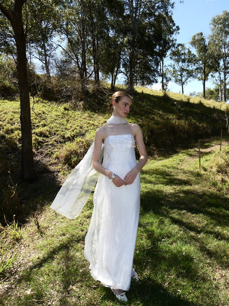 Vintage 90s strapless organza gown with neck scarf
