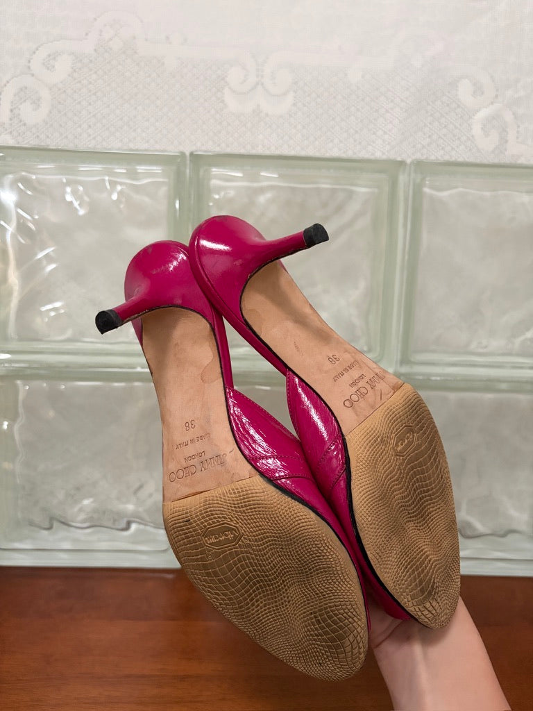 Vintage Jimmy Choo hot pink patent leather mule kitten heels