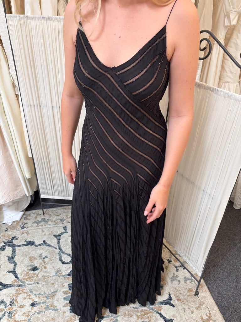 Vintage 90s Carmen Marc Valco black silk stripe beaded evening gown
