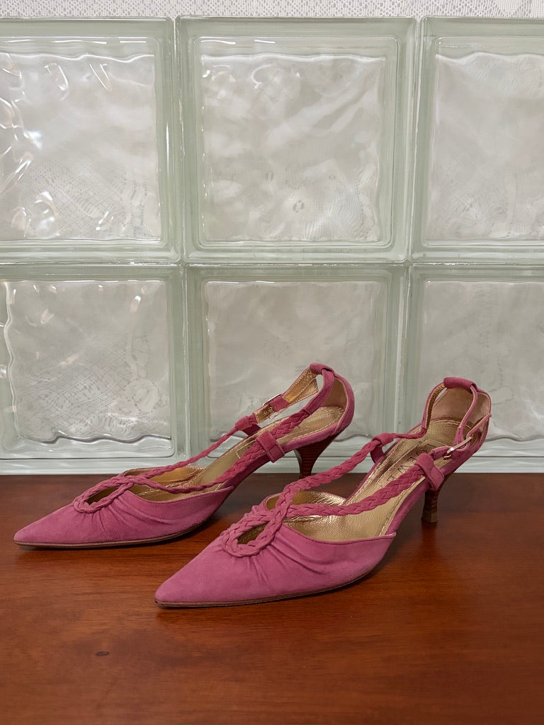 Vintage Loewe pink suede pointed toe heels with braided straps