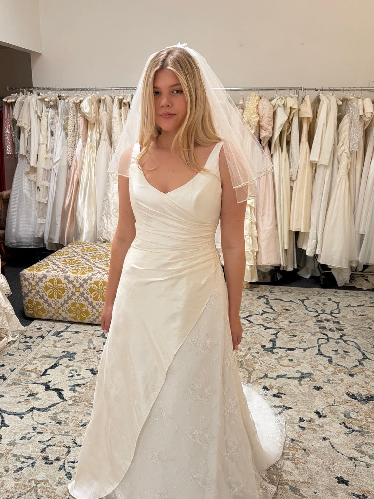 Vintage 00s V-neck draped silk taffeta lace wedding gown with train