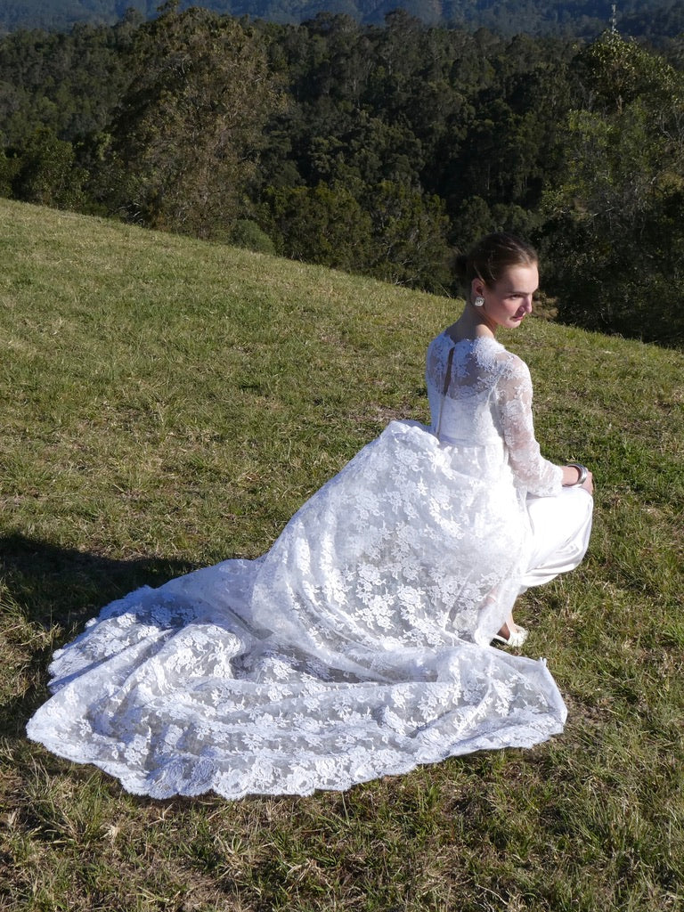 Vintage 60s long sleeve satin column gown with lace cape