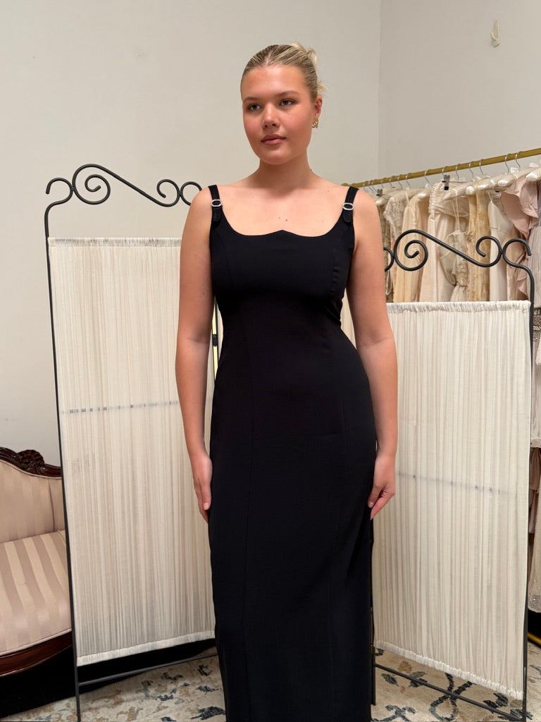 Vintage 90s reverse sweetheart black evening gown with buckles
