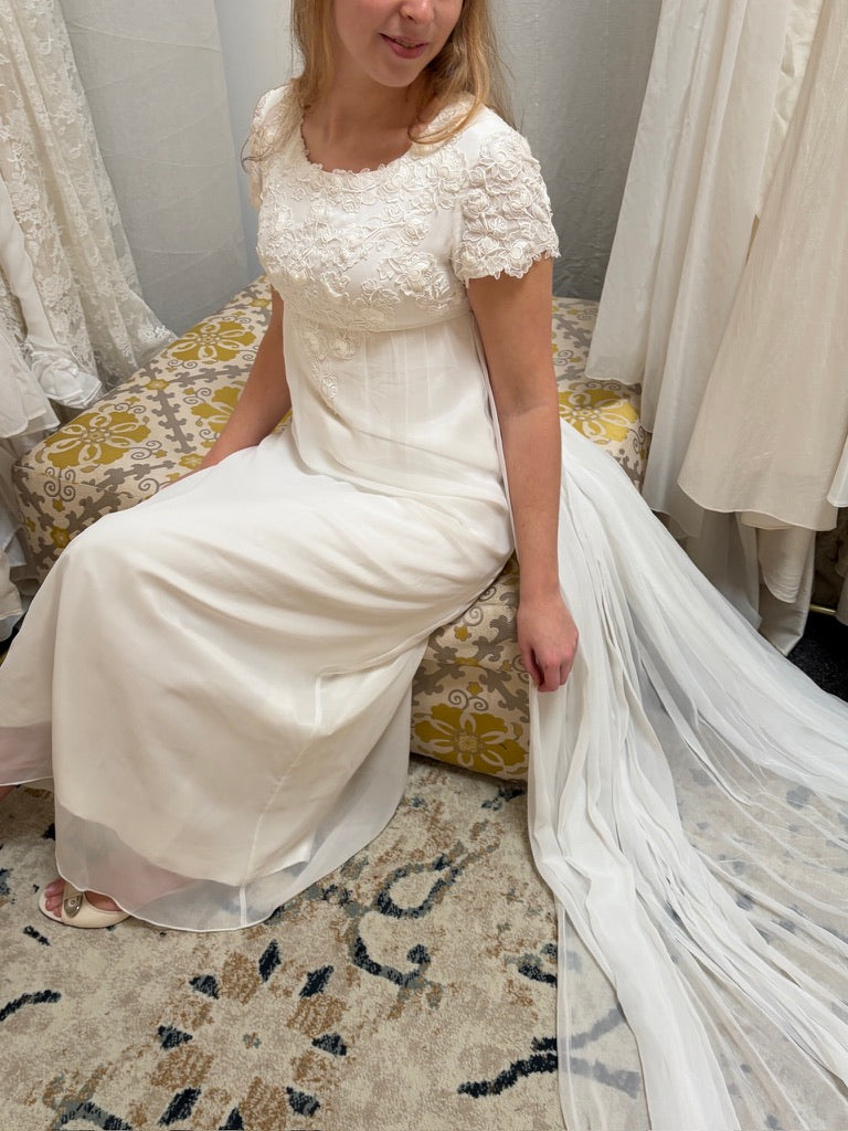 Vintage 60s column wedding dress with floral applique and dramatic train