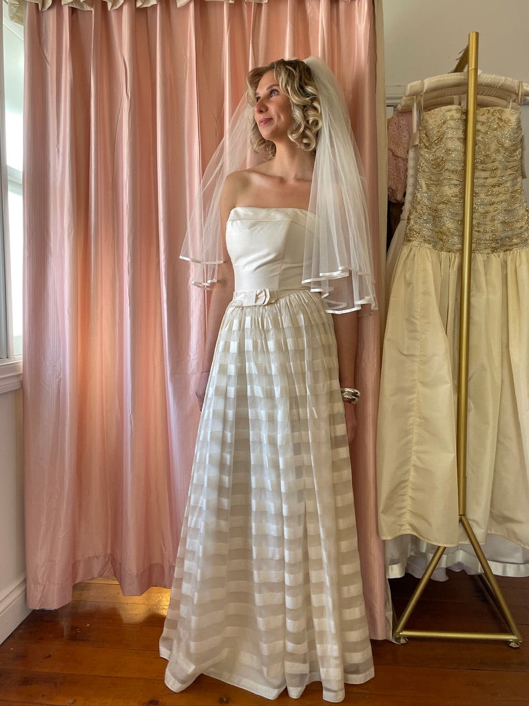 Vintage 1999 Wendy Makin Raw silk striped strapless gown