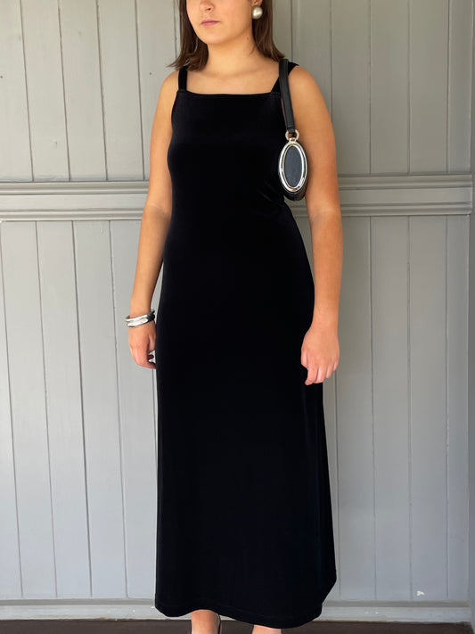 Vintage 90s high neck black velvet midi dress