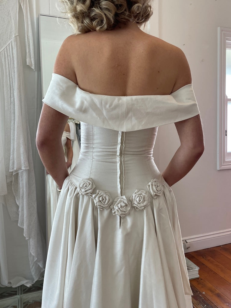 Vintage 90s silk basque waist off shoulder gown