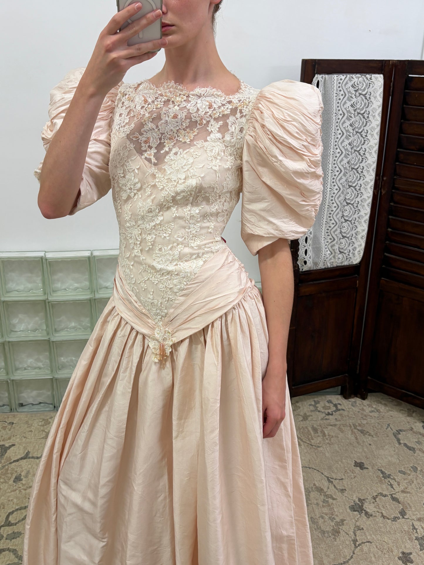 Vintage 80s ballerina pink puff sleeve basque waist gown