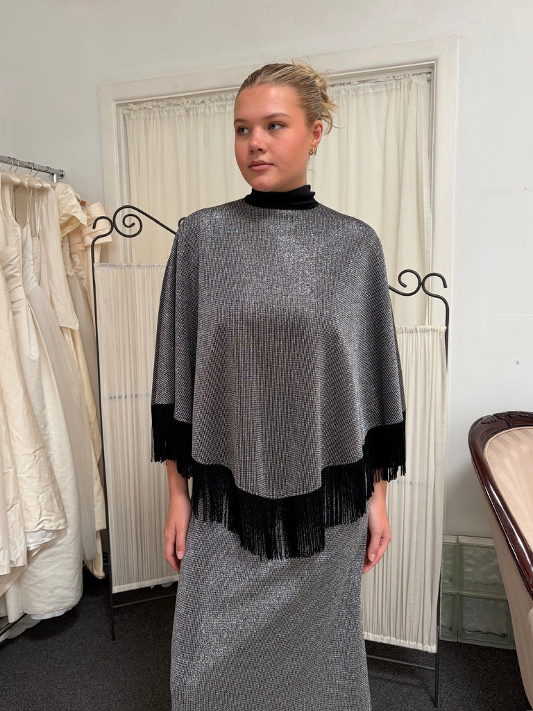 Vintage 70s silver evening dress with matching fringed cape