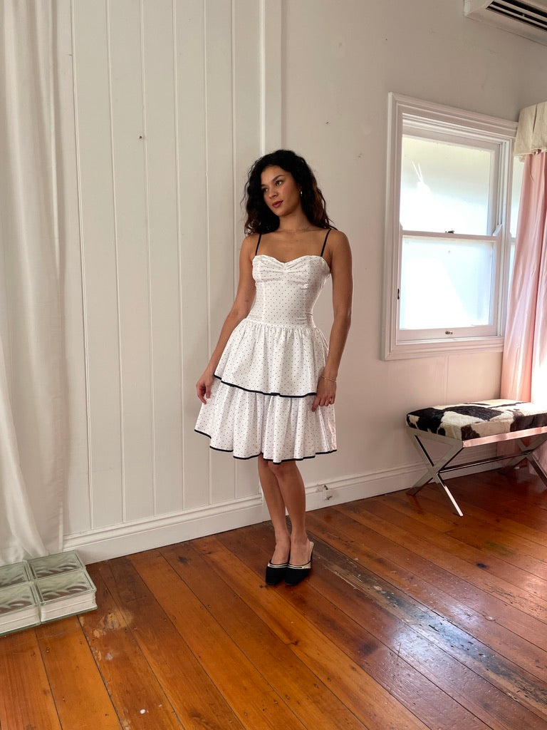 Vintage 80s white polka dot tiered mini dress