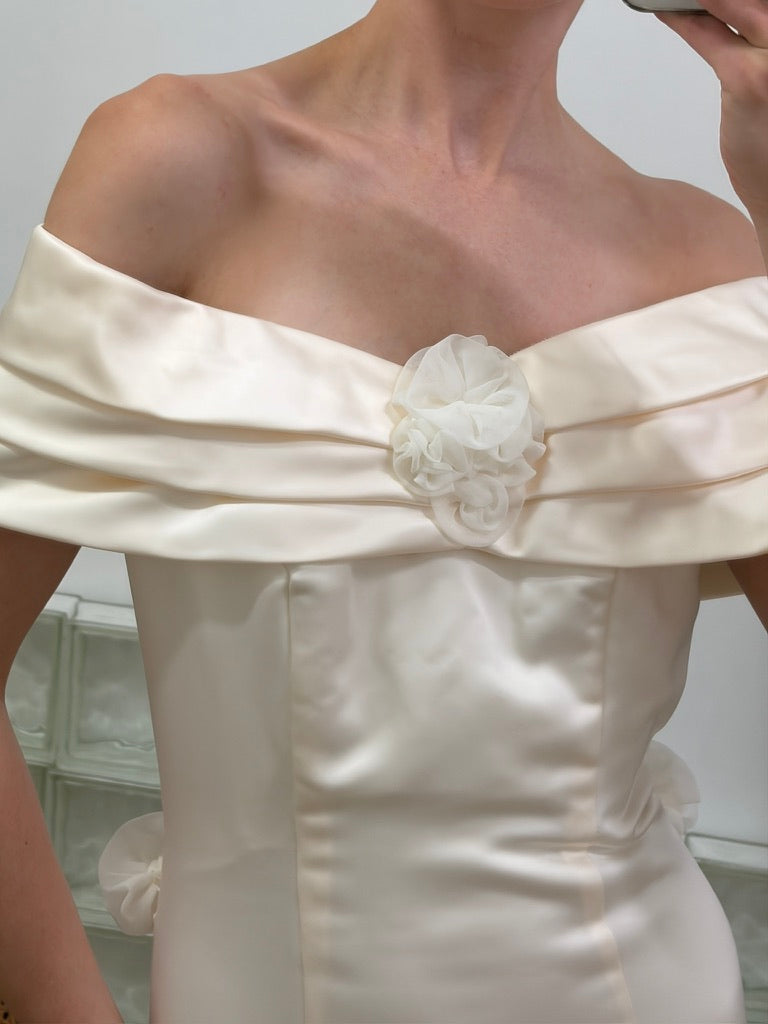 Vintage 1997 silk off shoulder wedding dress with rosettes