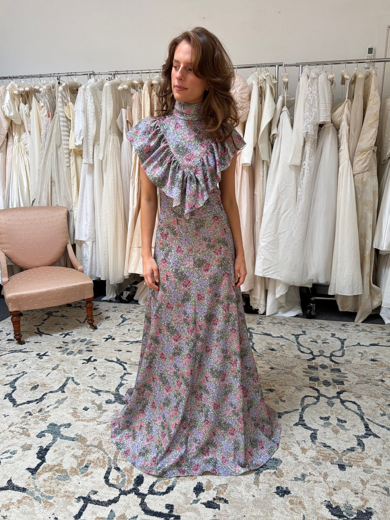 Vintage 70s high neck metallic floral a-line floor length dress