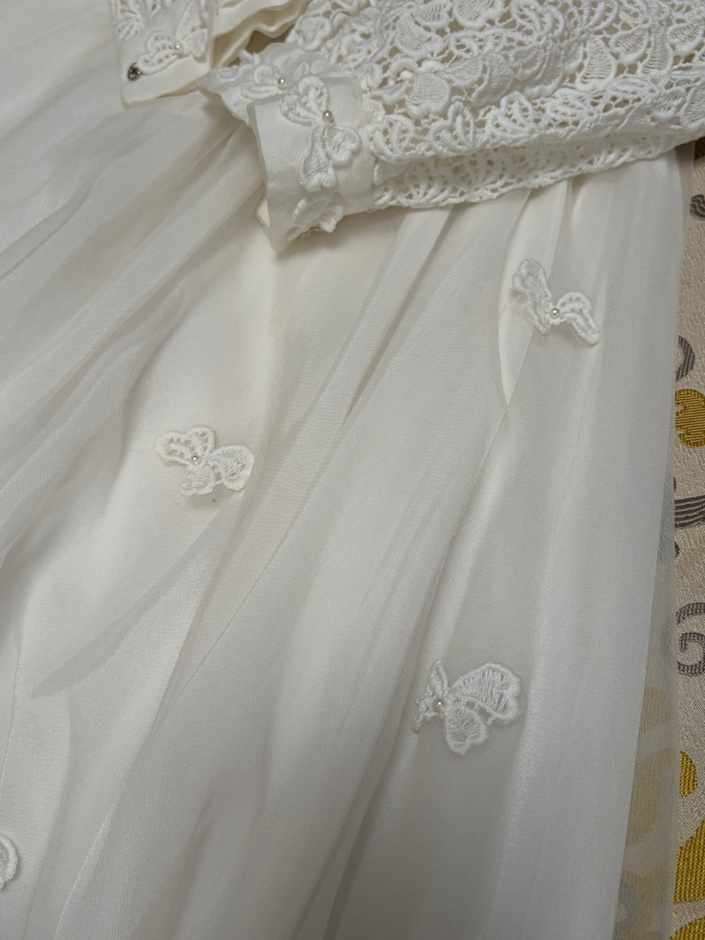 Vintage 60s long sleeve guipure lace wedding gown with applique train