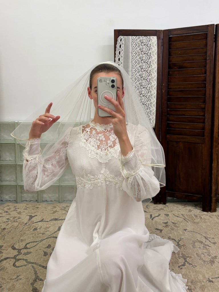 Vintage 70s long sleeve high neck wedding gown with train