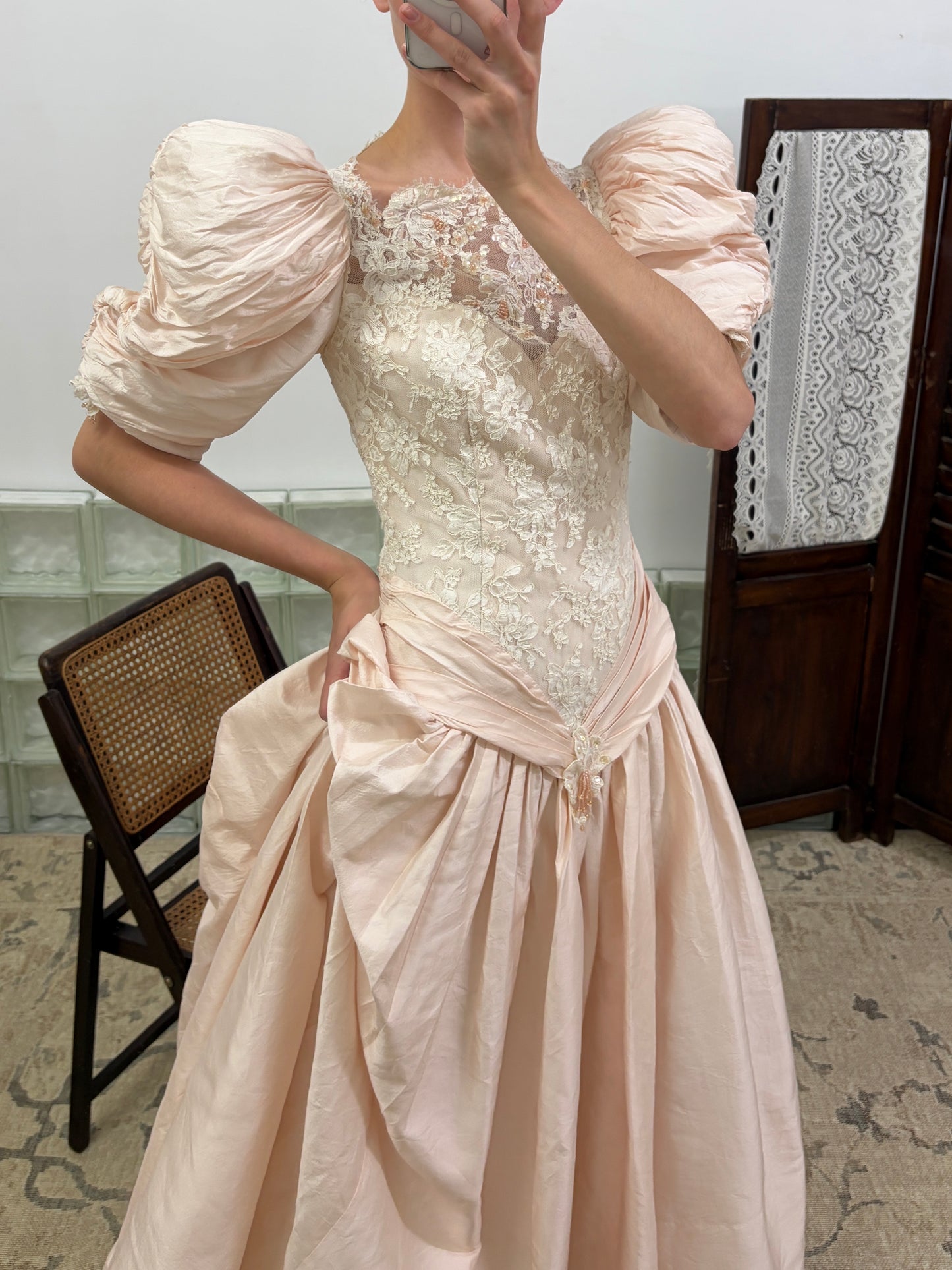 Vintage 80s ballerina pink puff sleeve basque waist gown