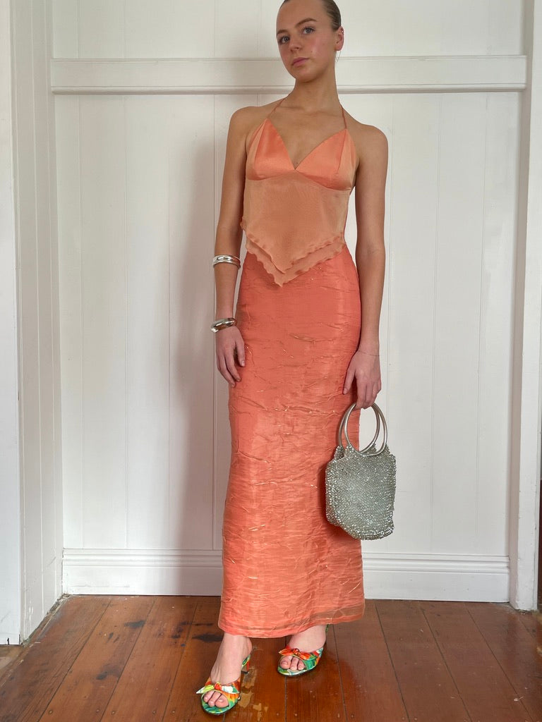 Vintage Y2K shimmery orange skirt and halter set