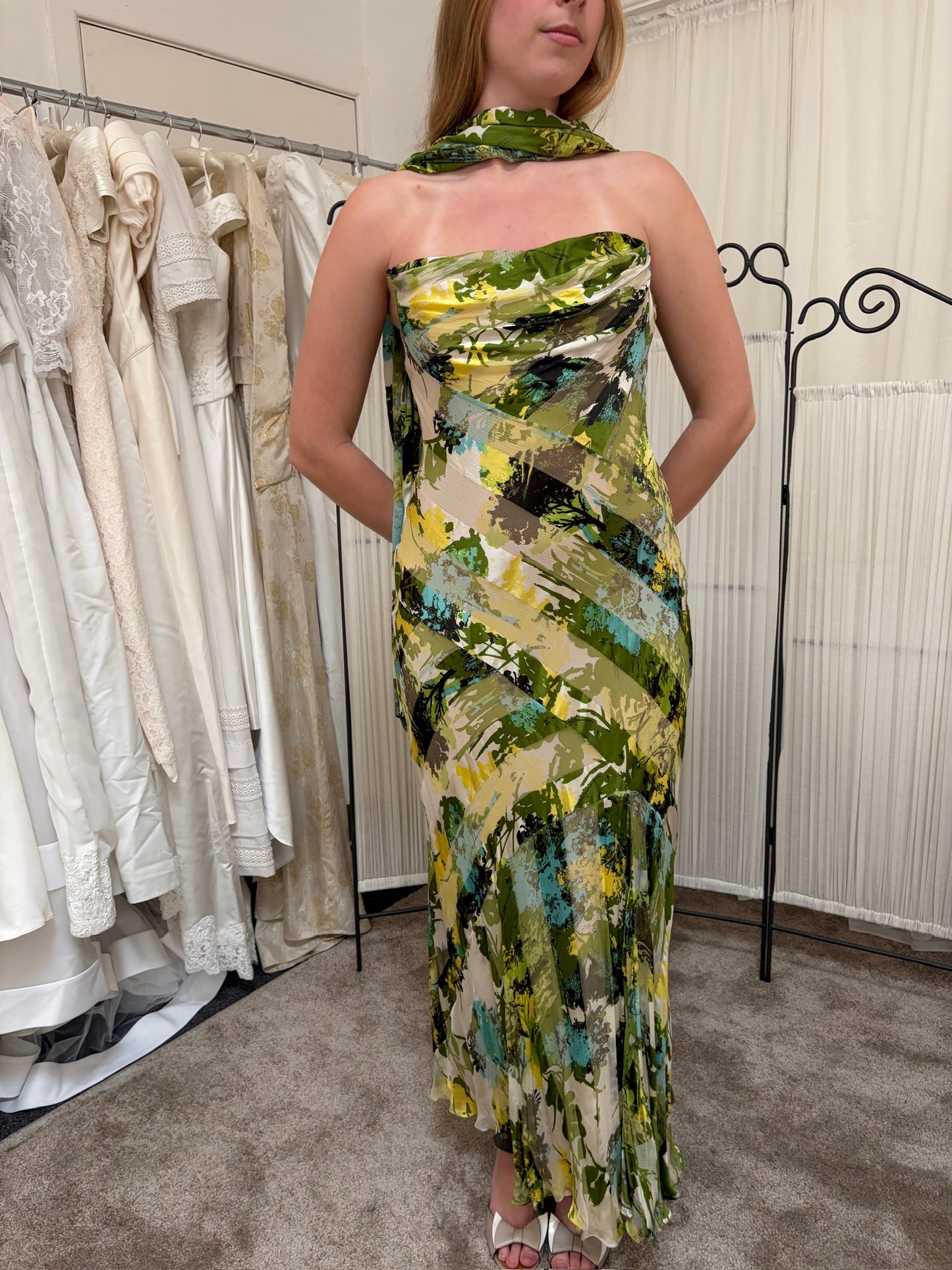 Vintage 00s Melinda Eng silk strapless evening gown with shawl